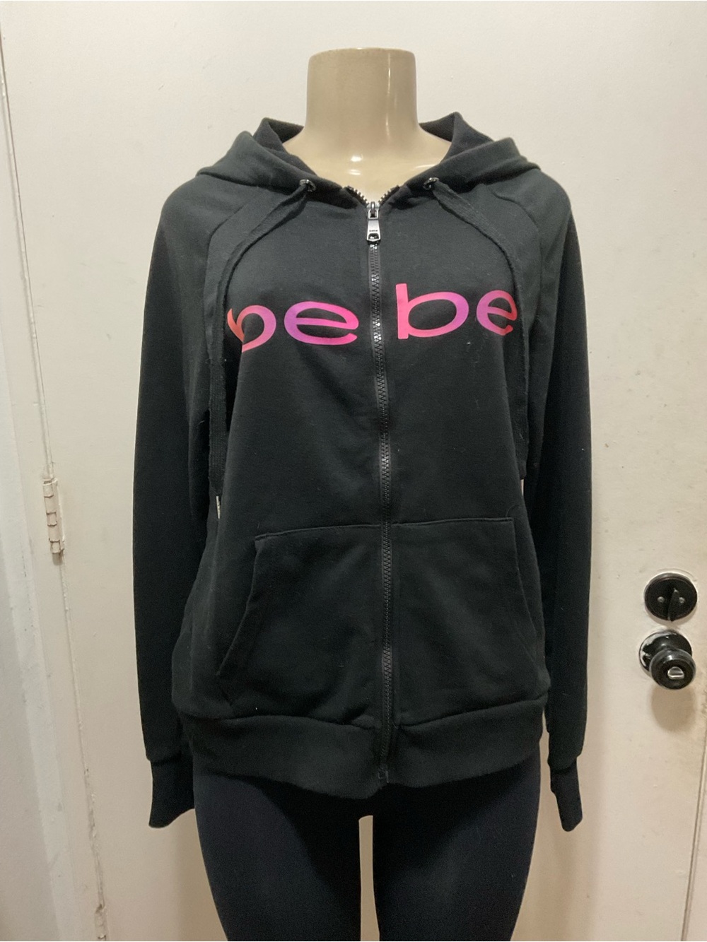 Bebe women’s Black Zip-Up Hoodie with Pink Logo size M